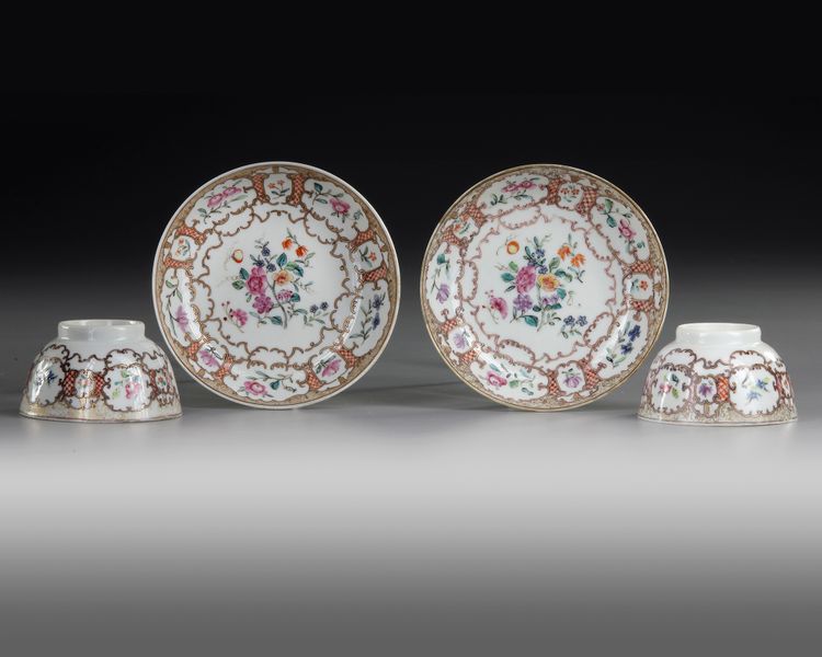 TWO PAIRS OF CHINESE FAMILLE ROSE AND GILT CUPS AND SAUCERS, QIANLONG PERIOD (1736-1795)
