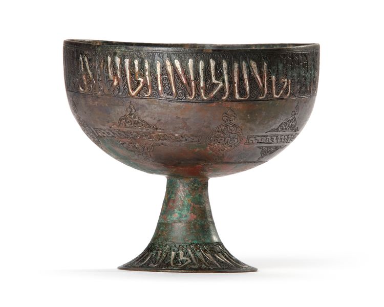 A SILVER-INLAID BRONZE FOOTED BOWL, PERSIA KHORASSAN, 12TH-13TH CENTURY