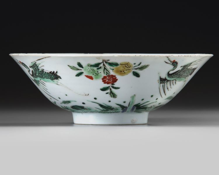 A CHINESE FAMILLE VERTE 'CRANE AND PEACH' BOWL