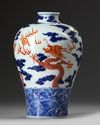 A CHINESE CORAL-RED DECORATED BLUE AND WHITE MEIPING VASE, 20TH CENTURY
