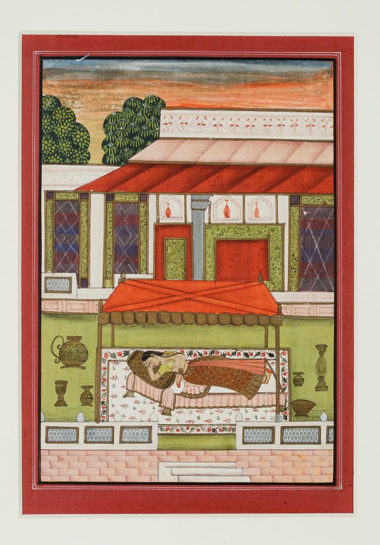 A RAGAMALA PAINTING OF A LADY LYING ON A BED IN A PAVILLION, NORTH INDIA 19TH CENTURY