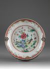 A Chinese porcelain famille rose plate with silver handle