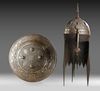 A GOLD-DAMASCENED STEEL HELMET AND SHIELD, QAJAR, PERSIA, EARLY 19TH CENTURY