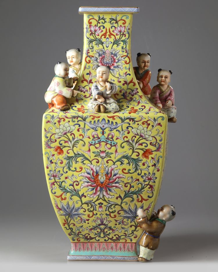 A Chinese lotus yellow ground vase