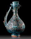 A RARE FRITWARE OPENWORK DECORATED RETICULATED EWER WITH ROOSTER HEAD, PERSIA, 13TH CENTURY