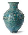 A POST SASSANIAN TURQUOISE GLAZED POTTERY STORAGE JAR, PERSIA, 7TH-8TH CENTURY