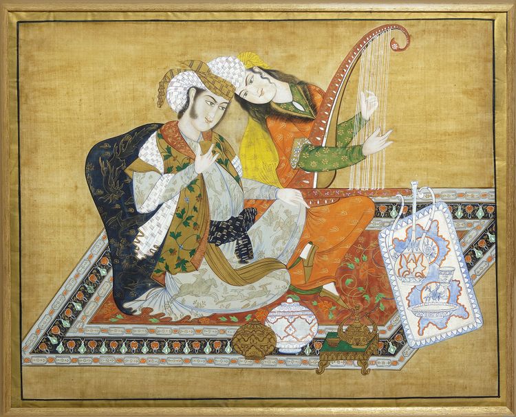 A SAFAVID STYLE PAINTING OF A COUPLE ON TEXTILE, PERSIA, QAJAR, EARLY 20TH CENTURY