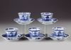 FIVE CHINESE BLUE AND WHITE 'CUCKOO IN THE HOUSE' CUPS AND SAUCERS, 18TH CENTURY