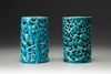 Two Chinese turquoise-enamelled 'Three Friends of Winter' brush pots, bitong