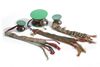 A set of three Mongolian wood drums, damaru, and embroidered sashes