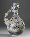 A KASHAN RETICULATED COCKEREL-HEAD POTTERY EWER, PERSIA,  13TH CENTURY