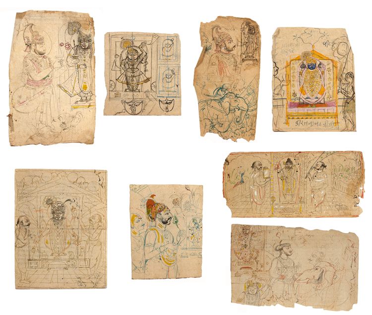 A COLLECTION OF EIGHT DRAWINGS/SKETCHES OF SRINATH JI AND  DIFFERENT RULERS, RAJASTHAN, KOTA AND NATHDWARA, 18TH CENTURY