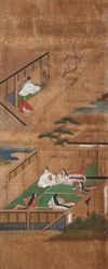 A JAPANESE SIX-PANEL BYOBU SCREENS WITH SCENES FROM THE TALE OF GENJI, EDO PERIOD (1603-1868)