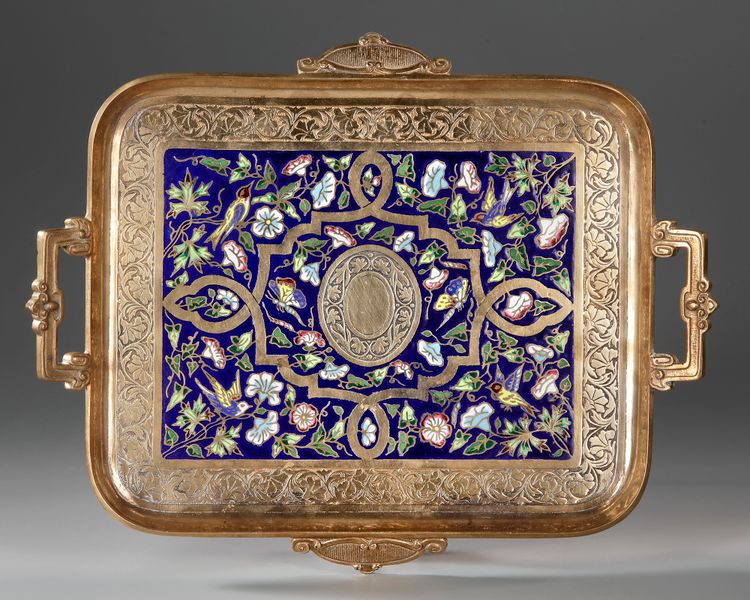 A GILT BRONZE AND CLOISONNE ENAMEL TRAY, NAPOLEON III PERIOD, LATE 19TH CENTURY