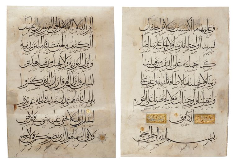 TWO LARGE ILLUMINATED MUHAQQAQ QURAN LEAVES, PERSIA ILKHANID, 14TH CENTURY