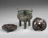 A CHINESE BRONZE RITUAL TRIPOD FOOD VESSEL WITH WOOD COVER AND JADE  FINIAL, DING, LATE SHANG DYNASTY, 12TH CENTURY BC