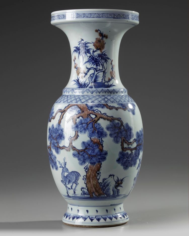 A Chinese underglaze-copper-red  blue and white 'deer' vase