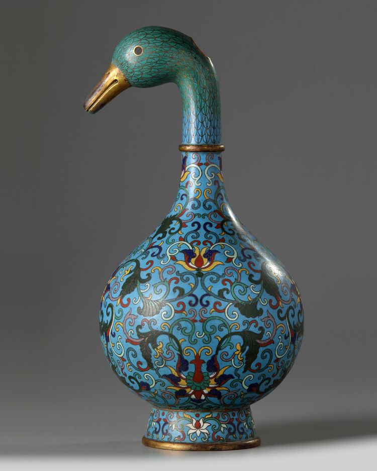 A Chinese cloisonné enamel duck-head bottle vase