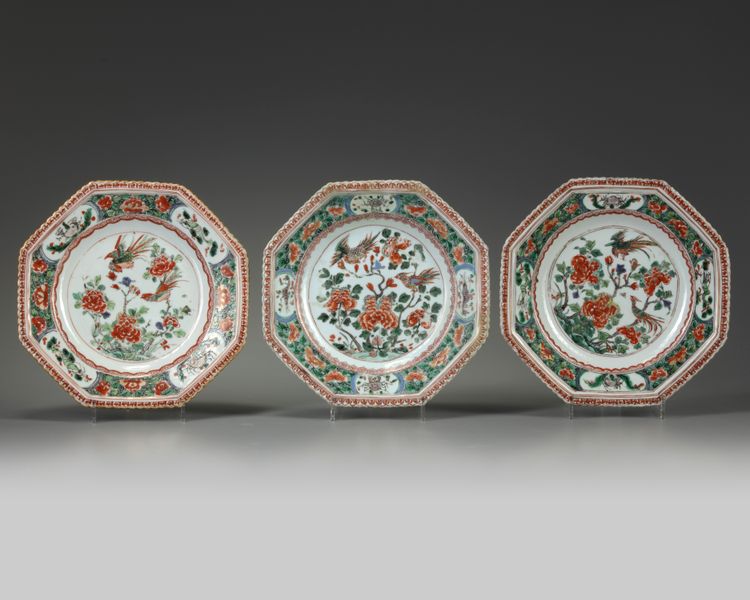 Three Chinese famille verte 'piecrust' octagonal dishes