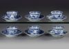 SIX CHINESE BLUE AND WHITE 'CUCKOO IN THE HOUSE' CUPS AND SAUCERS, 18TH CENTURY