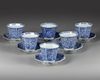 A SET OF SIX BLUE AND WHITE CUPS AND SAUCERS, KANGXI PERIOD (1662-1722)
