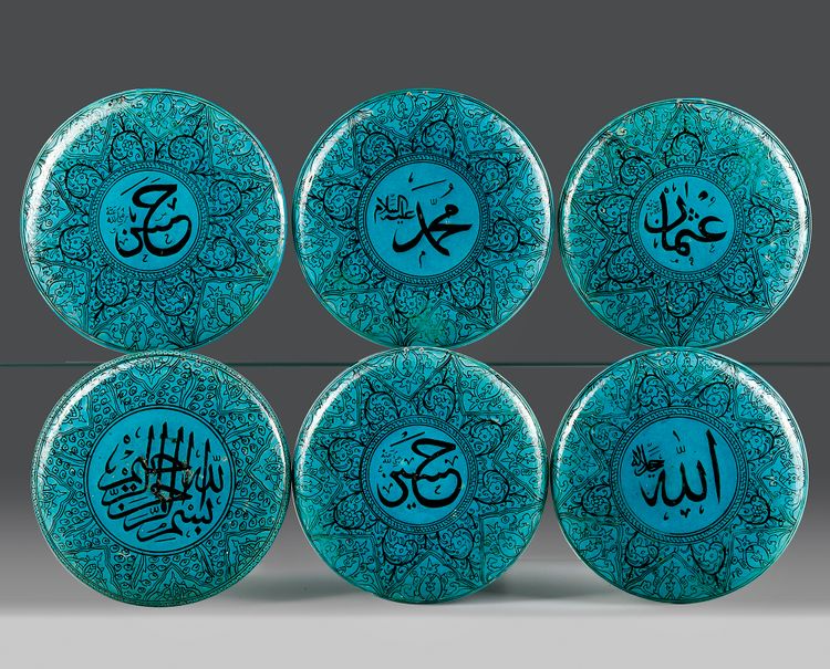 A SET OF SIX OTTOMAN CALLIGRAPHIC POTTERY ROUNDELS, TURKEY, 19TH CENTURY