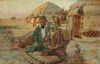 A painting depicting two nomads at prayer before their tents