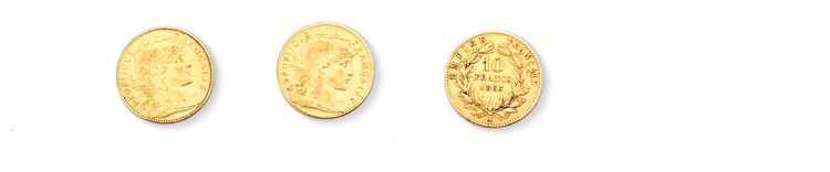 3 GOLD 10 FRANC COINS, FRANCE, 1863, 1900, 1906 (3)