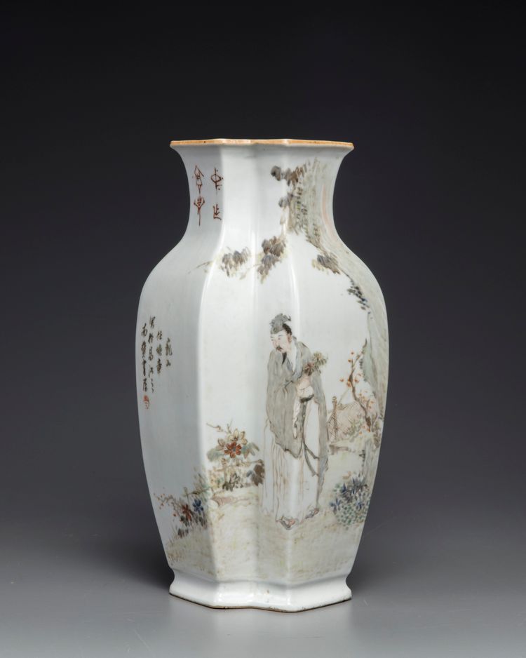 A Chinese famille rose Qianjiang-style 'scholars' double lozenge vase
