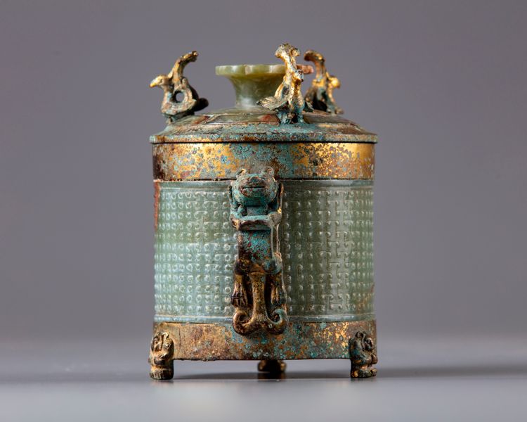 A bronze mounted jade censor and cover
