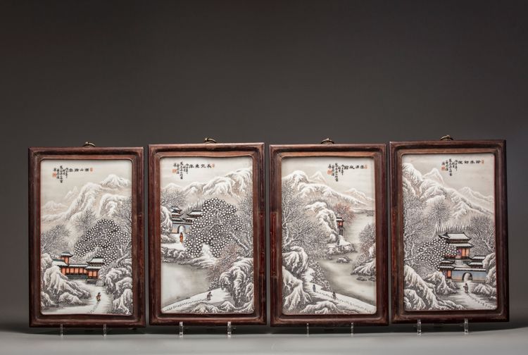 A set of four Chinese 'winter landscape' plaques