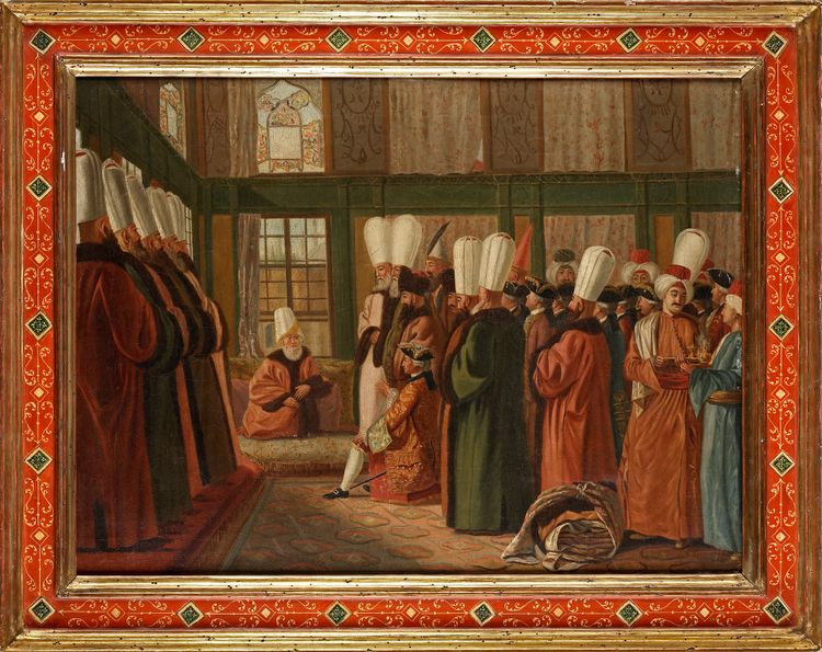 A PAINTING DEPICTING AN EUROPEAN AMBASSADOR IN AUDIENCE WITH THE GRAND VIZIER, SECOND HALF 18TH CENTURY