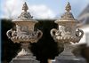 A PAIR OF MONUMENTAL TERRACOTTA GARDEN URNS WITH LID AND SWAN HANDELS, 19TH CENTURY