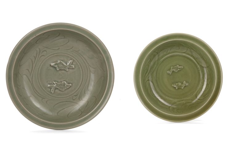 TWO CHINESE LONGQUAN CELADON 'TWIN FISH' DISHES, YUAN DYNASTY (1271-1368)