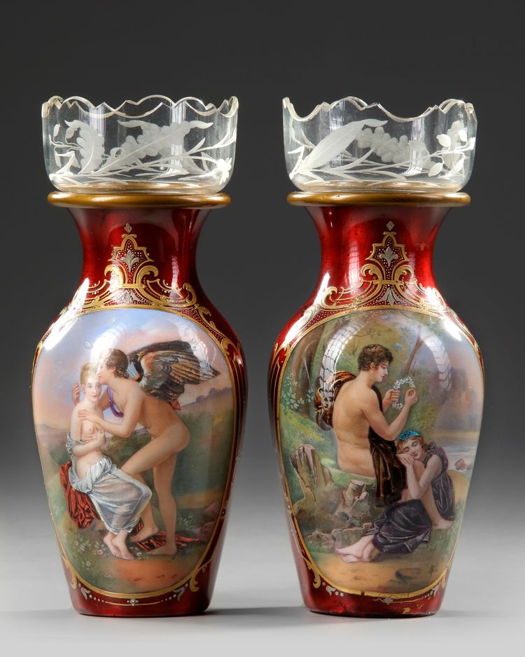 A PAIR OF RED ENAMEL VASES, AUSTRIA, 19TH CENTURY