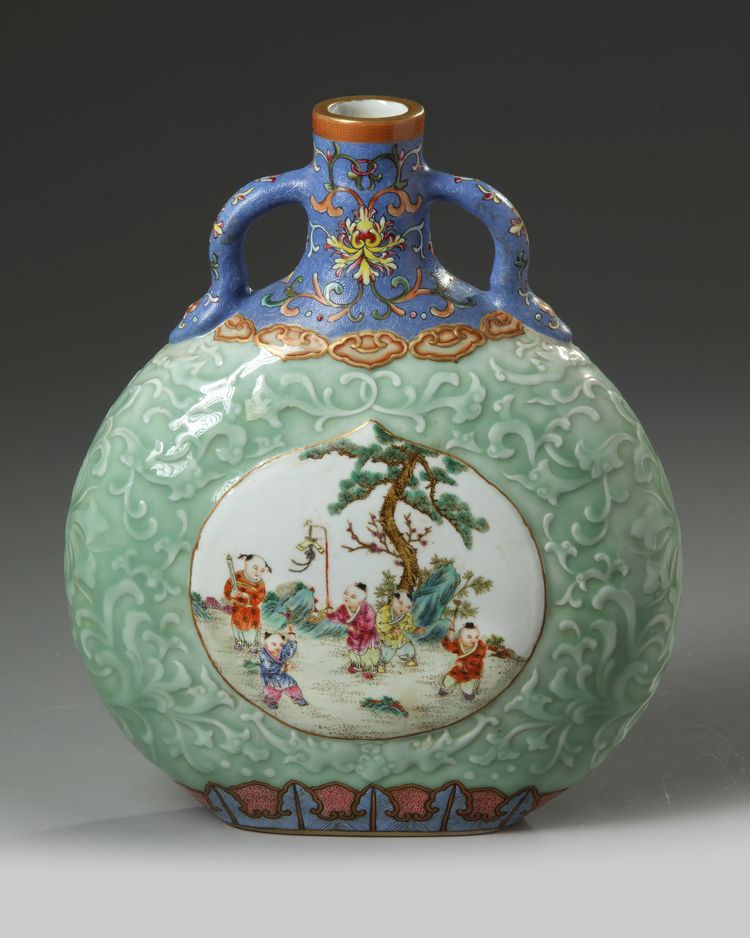 A Chinese famille rose celadon moon flask
