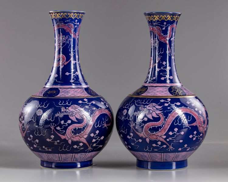 Two Chinese dragon bottle vases
