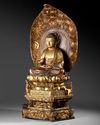 A LARGE JAPANESE AMIDA BUDDHA ON A THRONE WITH LARGE MANDORLA, EDO PERIOD, (1600-1868 )