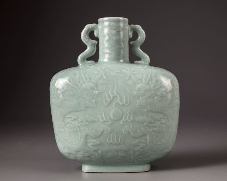 A Chinese celadon-glazed 'dragons' moonflask
