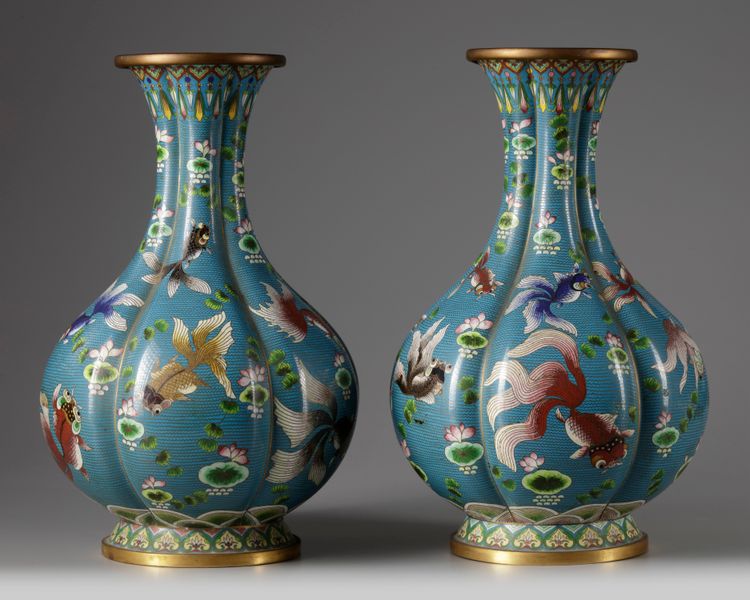 A pair of Chinese cloisonné enamel 'goldfish' hexafoil vases