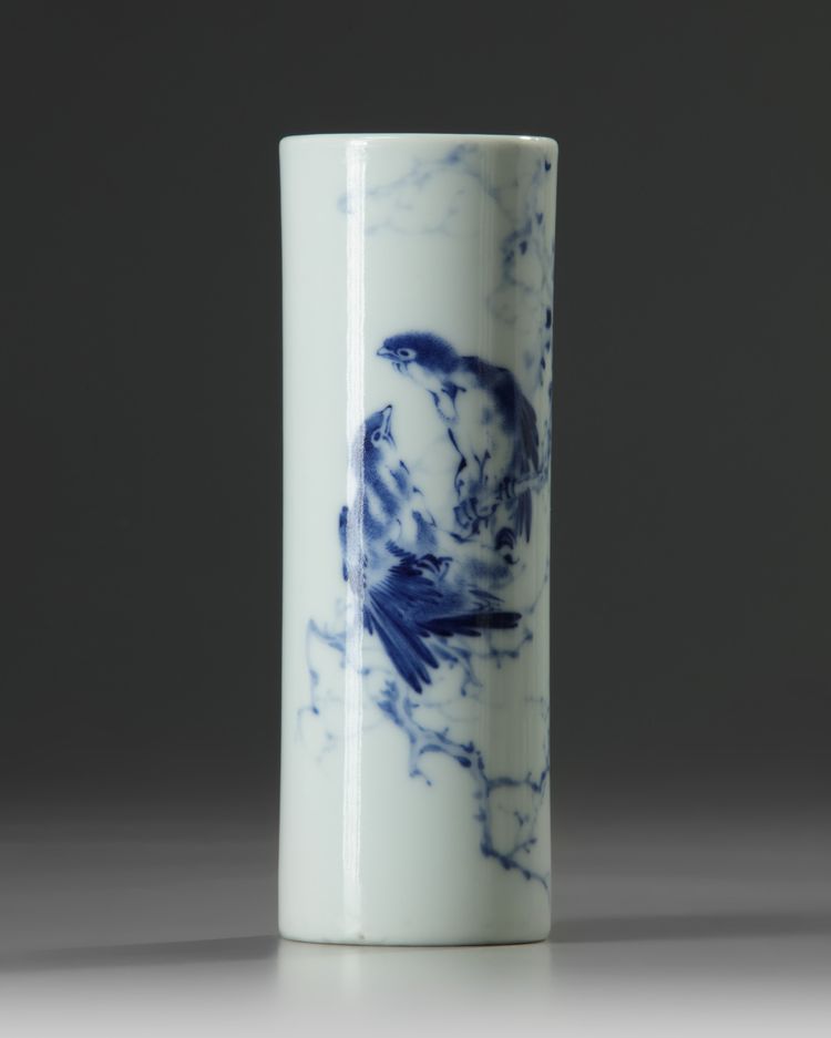 A Chinese blue and white 'birds' slender brush pot, bitong