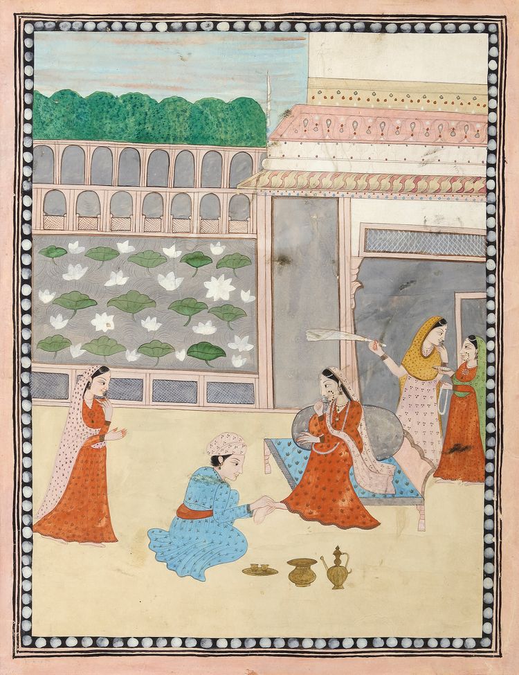 A PRINCESS IN A COURTYARD WITH ATTENDANTS, KANGRA NORTH INDIA, LATE 19TH CENTURY
