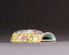 A Chinese yellow-ground famille rose double gourd wall vase