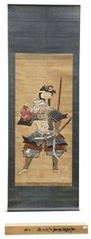RARE MEIJI-ERA SCROLL PAINTING FEATURING THE LEGENDARY WARRIOR MONK BENKEI COMPLETE WITH ORIGINAL MARKED WOODEN BOX,