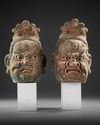 TWO CHINESE POLYCHROME WOOD HEADS, MING DYNASTY OR LATER