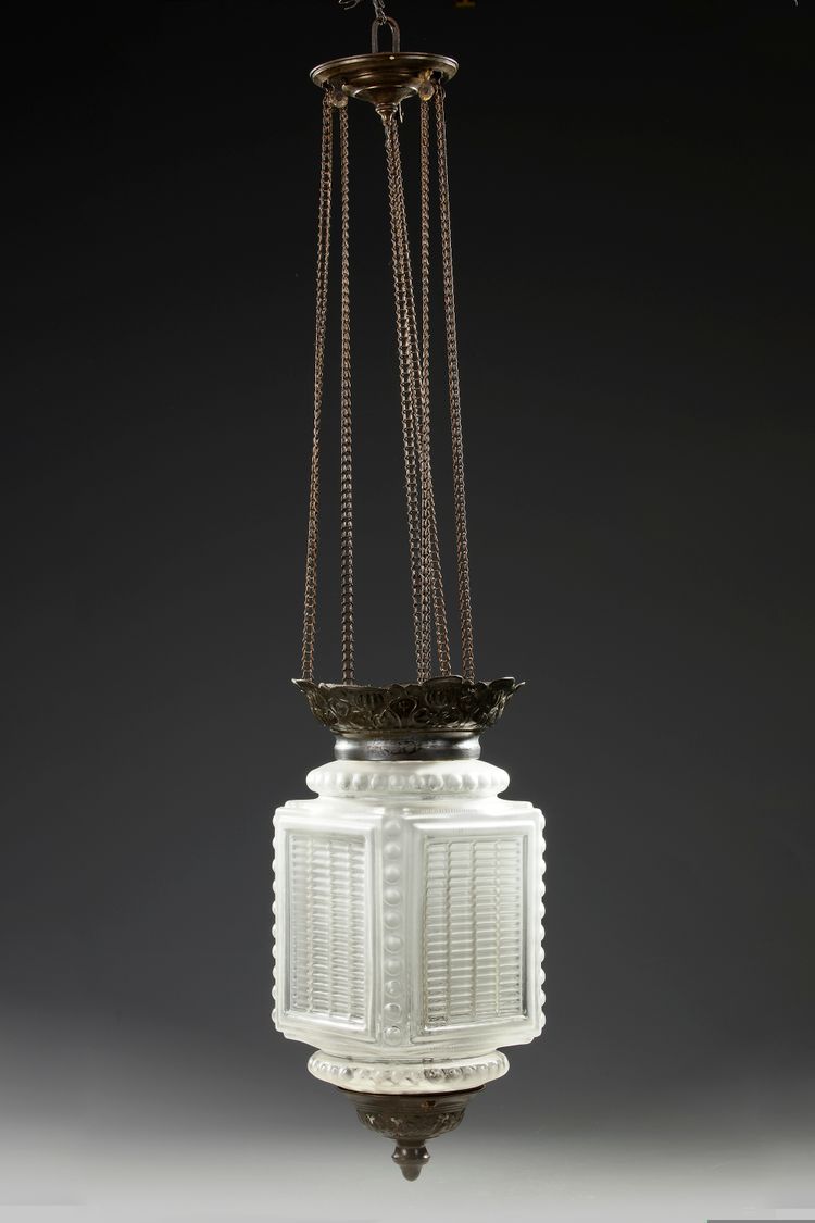 A LANTERN/HANGING LAMP OF FROSTED GLASS, EARLY 19TH CENTURY