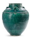 A LARGE POST SASSANIAN TURQUOISE GLAZED POTTERY STORAGE JAR, PERSIA, 6TH-8TH CENTURY