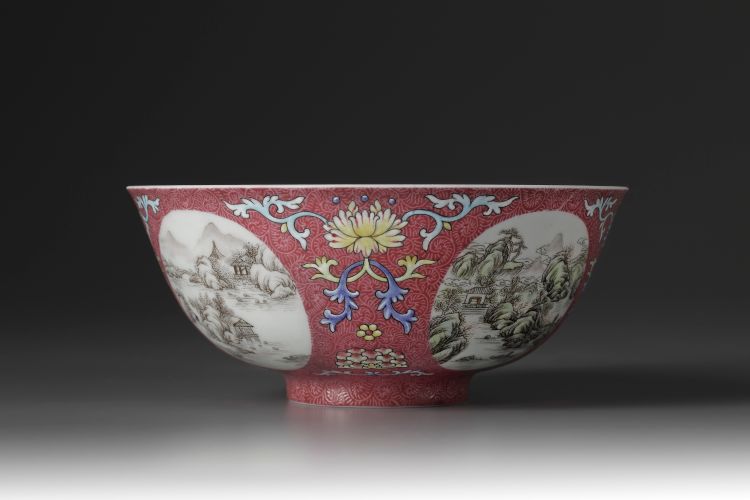 A famille rose ruby-ground medallion bowl