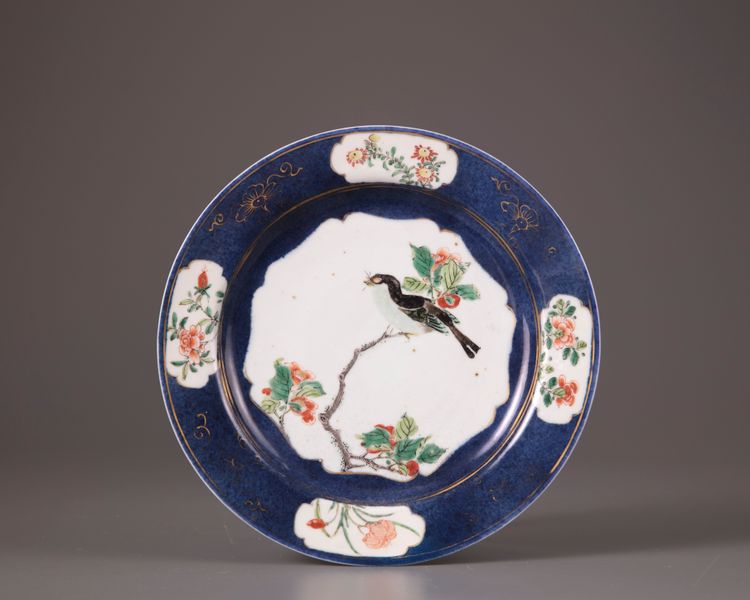 A Chinese powder-blue decorated famille verte dish