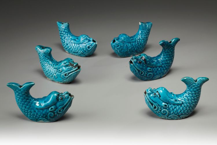 Six Chinese turquoise-enamelled 'dragon carp' water droppers